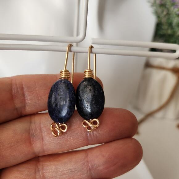 Blue Sodalite Stone Gold Wire Dangle Earrings / Minimalist Boho Style Earrings - Picture 9 of 11